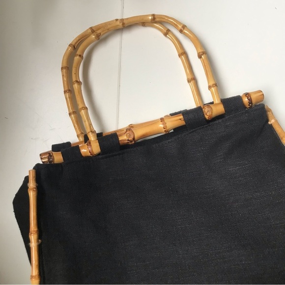 Beautiful Women’s Black Canvas/Linen Bamboo Handles Hand Bag Medium Size - Picture 5 of 8